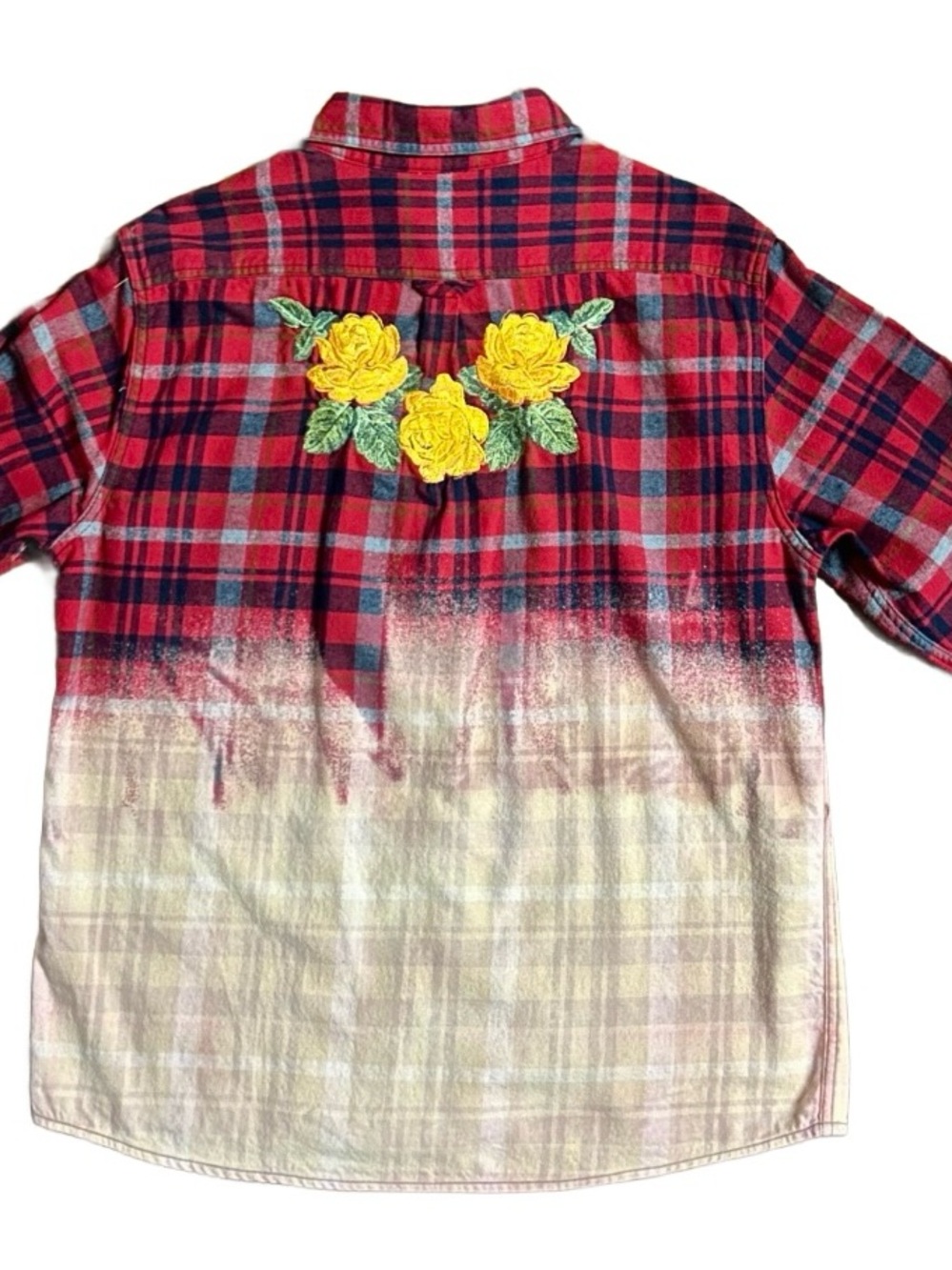 Eddie Bauer ~ Men’s Large ~ Plaid Peach/Blue/Red W/ Floral Embroidery Shirt